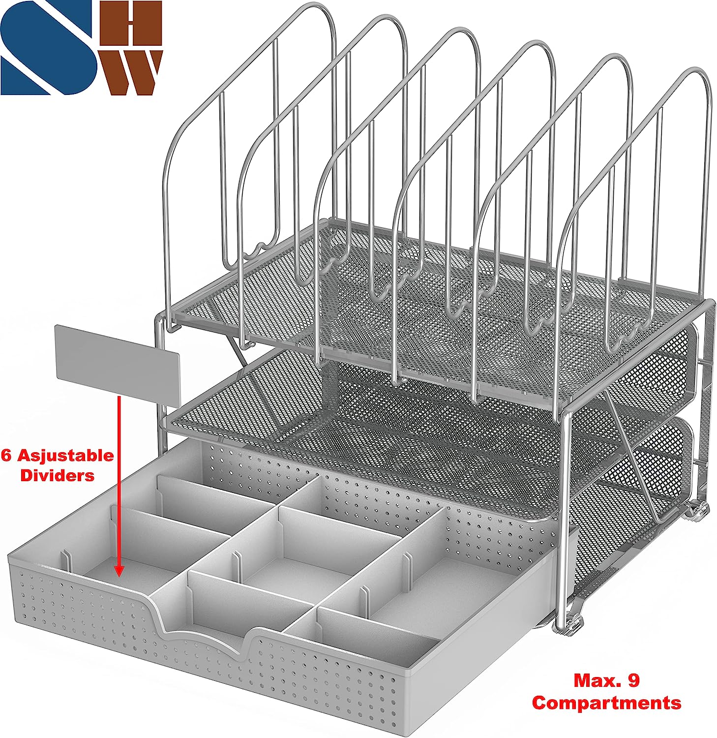 DecoBros Mesh Desk Organizer with Double Tray, 5 Upright Sections and Sliding Drawer, Black - Image 2